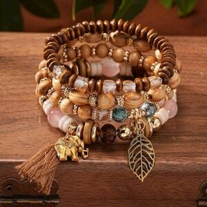 🆕️🐘4pcs/Set Bohemian Style Leaf & Elephant Pendant, Beaded & Tassel Bracelet🐘